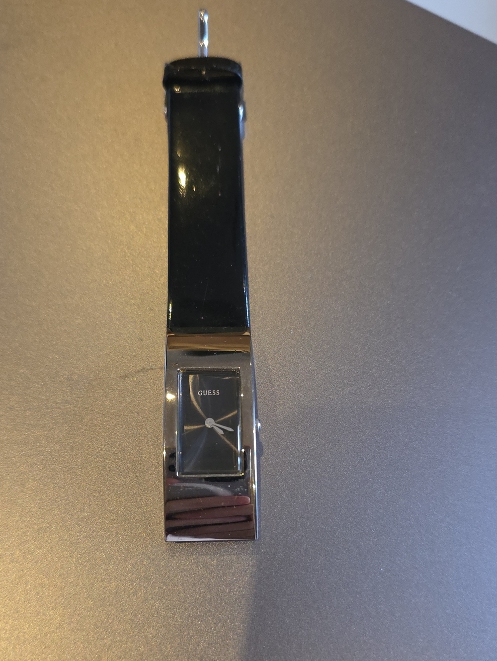 GUESS Black Patent Strap Women's Rectangular Silver-Tone Watch